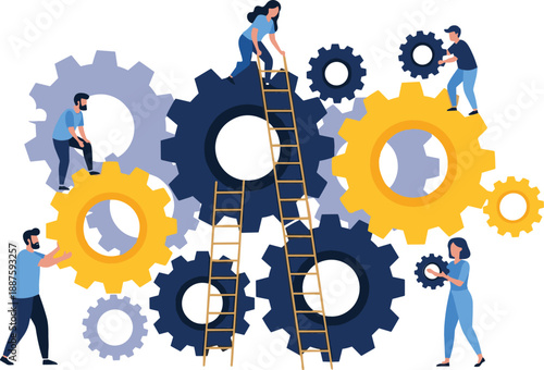 Teamwork and business cooperation vector illustration with professional people working together with gears and ladders for success
