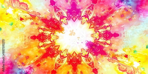 An abstract colorful background featuring a grunge watercolor texture with orange flames and red smoke patterns blended into a circular autumn sun design