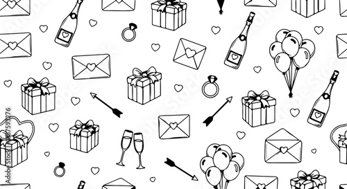 Black and White Hand Drawn Wedding and Valentine's Day Seamless Pattern Vector