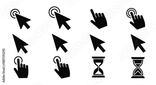 Collection of various black cursor icons and hand symbols displayed graphically