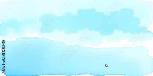 A serene blue sky with fluffy white clouds overlooks a majestic mountain landscape and a calm ocean horizon during a bright summer day