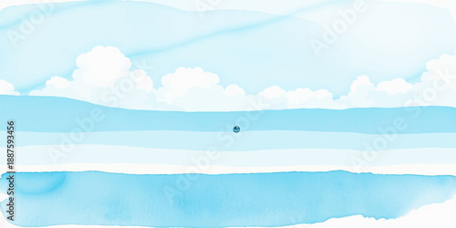 Calm blue sky and white clouds reflect over a serene lake landscape with mountains at the horizon during a summer travel sunrise