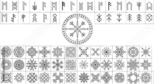 Runic alphabet symbols and sacred geometry ornament collection with compass rose and mystical Nordic decorative vector illustration