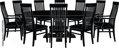 Black Silhouette of Large Round Wooden Dining Table with Many Chairs Isolated on White Background for Interior Design and Furniture Marketing