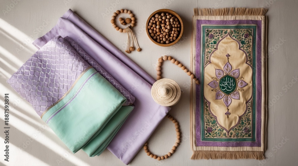 Fototapeta premium Islamic Prayer Mat and Tasbih Flat Lay in Pastel Tones