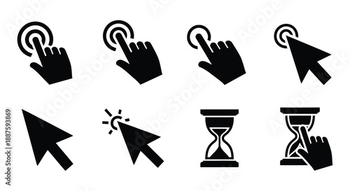 Collection of various black cursor icons and hand symbols displayed graphically