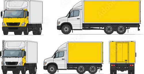 Collection of Commercial Delivery Trucks with Yellow Cargo Boxes and White Cabs Isolated on White Background for Logistics and Transportation