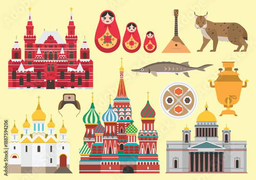 Russia Landmarks, Culture and Traditional Symbols Flat Illustration