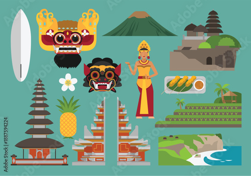 Indonesia and Bali Landmarks, Culture and Tropical Icons Flat Illustration