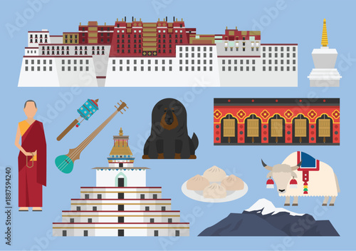 Tibet Landmarks, Culture and Tibetan Buddhist Icons Flat Illustration