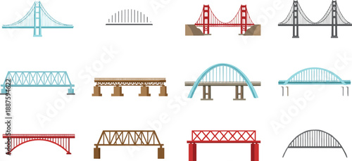 Bridge icon collection with suspension arch truss and beam designs for city infrastructure transportation vector illustration