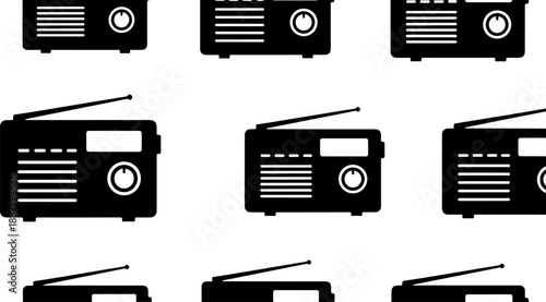 Set of 9 Black Radio Receiver Icons Vector | Radio Day Vector Illustations 