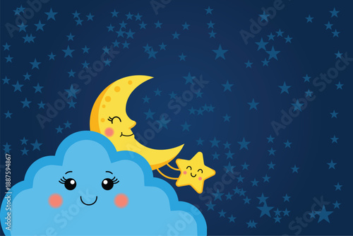 Adorable cartoon crescent moon and smiling star peeking over a happy blue cloud against a dark starry night sky background,