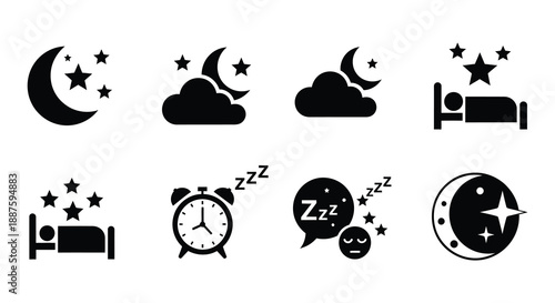 Collection of sleep related icons featuring moons stars beds and clocks