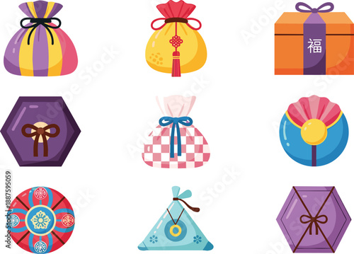 Colorful Chinese New Year gift bag and box collection with traditional packaging shapes ribbons and festive holiday vector illustration