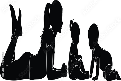 Silhouette adult with children, caregiving moment, black illustration, crawling child, sitting pose, bonding scene, early development, family interaction, playful posture