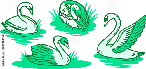 A collection of stylized illustrations featuring swans in various poses and actions against a transparent background. The swans are primarily white with hints of gray and detailed textures to simulate