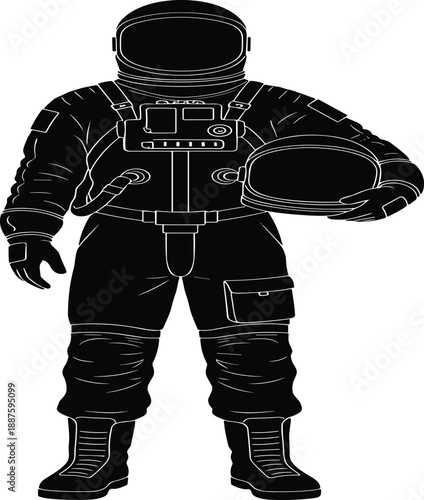 Silhouette astronaut standing, space suit detail, helmet in hand, black illustration, space exploration, cosmic gear, futuristic pose, science concept