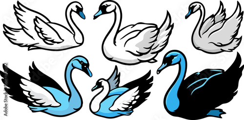 A collection of stylized illustrations featuring swans in various poses and actions against a transparent background. The swans are primarily white with hints of gray and detailed textures to simulate