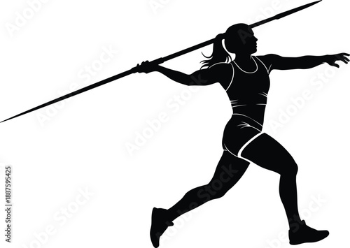 Silhouette javelin thrower, athletic stance, black illustration, sports motion, dynamic pose, ponytail detail, track and field, strength, precision, action