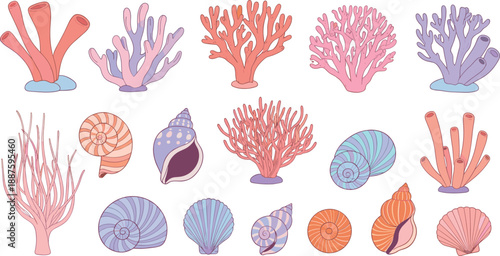 Coral reef and seashell vector set with colorful underwater marine plants ocean life and decorative aquatic elements illustration