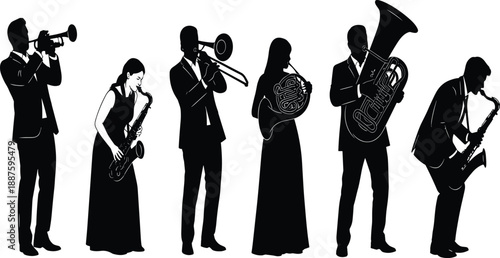 Silhouette musicians playing, brass and woodwind, concert scene, black illustration, formal attire, music performance, band ensemble, artistic pose, orchestra moment