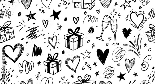Black and white hand-drawn doodle pattern featuring hearts, stars, arrows, and other abstract shapes