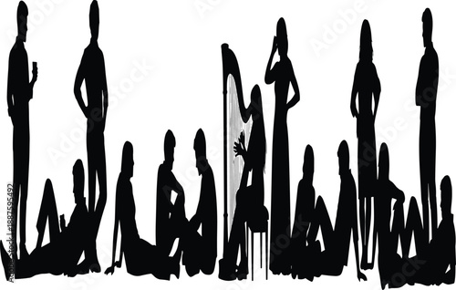 Silhouette group with harp, black illustration, musical moment, casual pose, artistic scene, cultural expression, sitting figures, standing posture, relaxed vibe