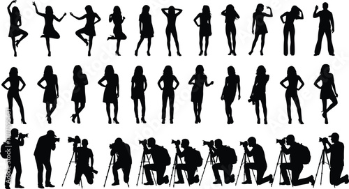 Silhouette poses collection, photographers in action, dancing figures, camera setup, black illustration, artistic reference, fashion stance, tripod scene, visual design