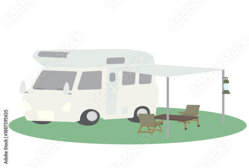 白いキャンピングカーのサイドオーニングにテーブルと椅子のセットを並べているイラスト