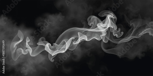 A scary spooky Halloween ghost rises from a black background as smooth swirls of white smoke and flowing fog form a mysterious curved shape in motion