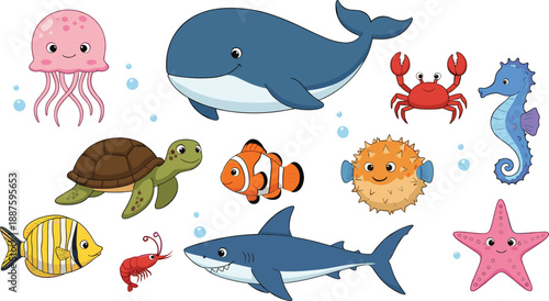 Cute sea animal cartoon set with whale shark turtle crab fish jellyfish starfish and playful underwater creatures vector illustration