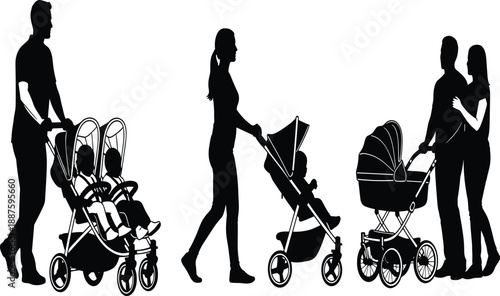 Silhouette stroller scene, parents with children, black illustration, family outing, pram push, childcare moment, walking pose, parenting diversity, outdoor activity