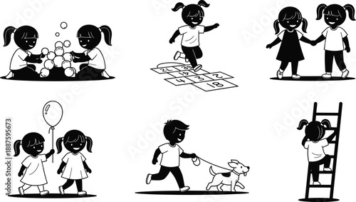 Black Children Silhouette Vector Set Featuring Kids Playing Hopscotch, Blowing Bubbles, Walking Dog, Climbing Ladder, and Holding Balloons for Childhood Education and Playground Design