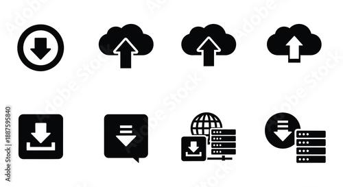 Black and white icons depicting data upload download and cloud services