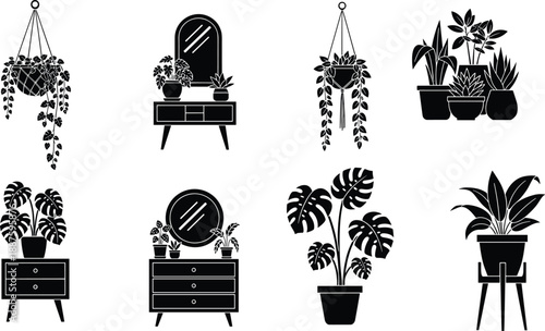 Black Houseplant Silhouette Vector Set Featuring Monstera Deliciosa, Potted Plants on Mid Century Furniture, Hanging Macrame Planters, and Stylish Home Interior Decor Design Elements