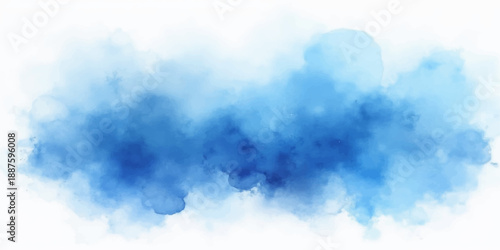 Hand drawn abstract blue watercolor background depicting a beautiful clear sky with fluffy white clouds and bright summer sunlight in a peaceful heaven atmosphere