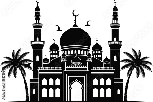 Black Mosque Silhouette Clipart with Minarets and Domes Featuring Palm Trees and Crescent Moon Symbols Isolated on White Background for Ramadan and Eid Mubarak Design