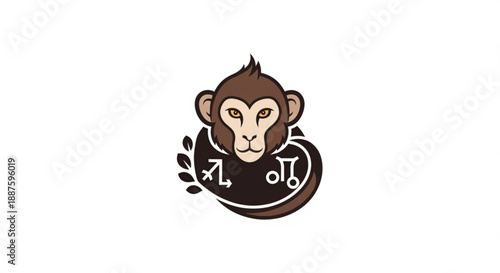 Monkey head with astrology zodiac sign symbol leaf curve illustration design element brown white mystic spiritual astrological horoscope monkey zodiac sign