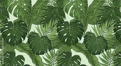Tropical green leaves seamless pattern. Includes monstera, banana, and palm leaves. Created in hand-drawn style with green and light green palette.