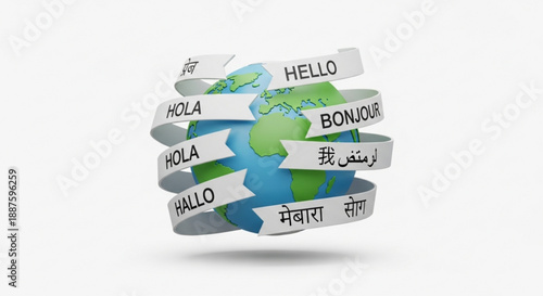 Multilingual hello signs wrapped around globe representing global communication and cultural diversity in various languages