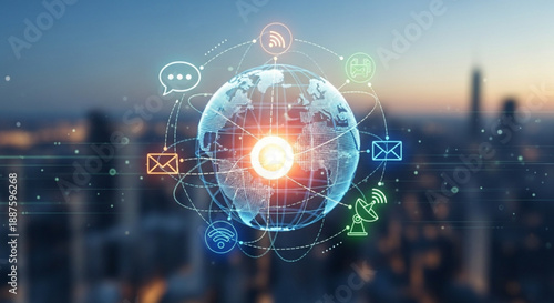 Global communication network with digital icons and glowing earth in cityscape at dusk with vibrant lighting effects