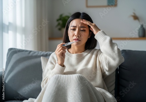 A young Asian woman feeling unwell, checking her temperature with a thermometer while sitting on a sofa wrapped in a blanket at home.