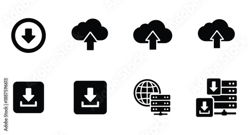Black and white icons depicting data upload download and cloud services