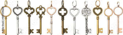 Vintage decorative key collection illustration with ornate metal keys in different shapes and styles, symbolizing access, security, mystery and antique design elements