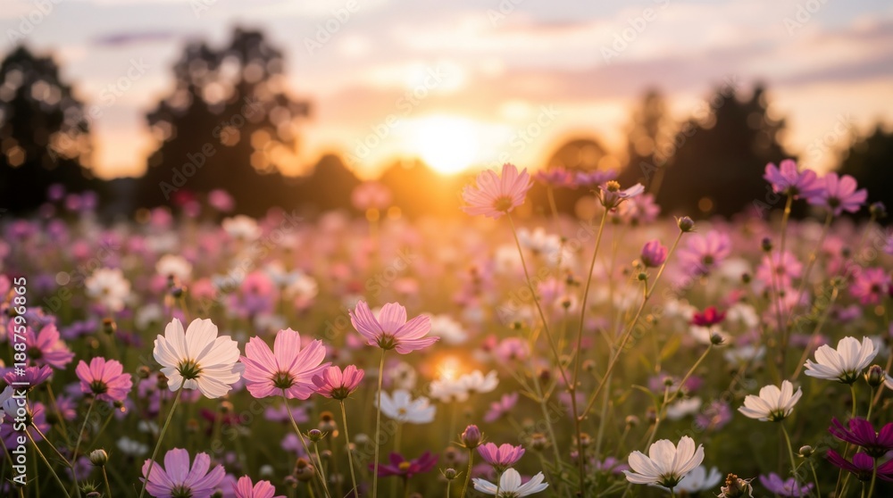 Obraz premium A breathtaking view of a vibrant cosmos flower meadow bathed in the warm, golden light of a setting sun, creating a peaceful and romantic atmosphere. Generative AI.