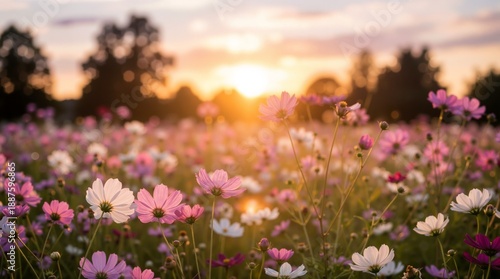 A breathtaking view of a vibrant cosmos flower meadow bathed in the warm, golden light of a setting sun, creating a peaceful and romantic atmosphere. Generative AI.