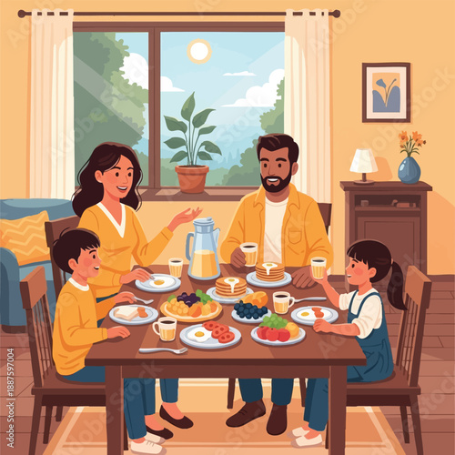 Diverse Family Enjoying Healthy Breakfast Together. Mother, Father, Son, and Daughter Eating Pancakes and Eggs in a Bright Home Dining Room.