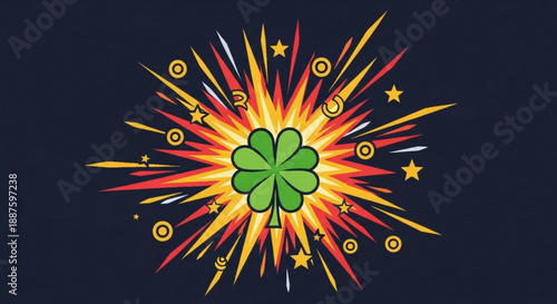 Vibrant green four leaf clover surrounded by colorful explosive burst of yellow orange and red lines and stars on dark background symbolizing luck and celebration