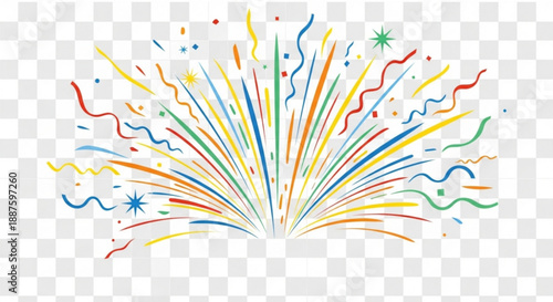 Colorful celebration fireworks exploding in vibrant hues of blue red yellow and green on a transparent background with confetti and sparks flying everywhere festive party